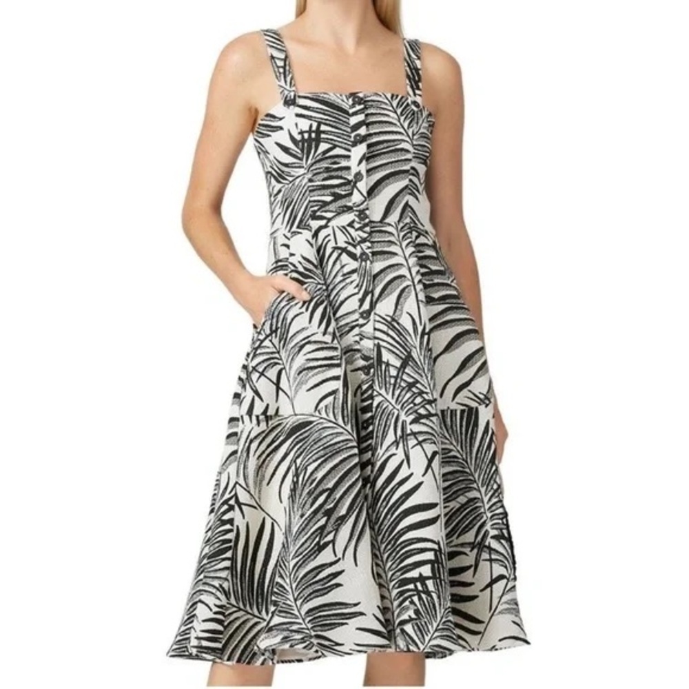 HUTCH Aidy Black Ivory Palm Print Midi Dress Button Front Womens
